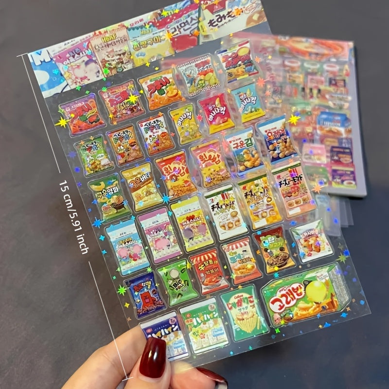 10/20pcs Kawaii Anime Snack Packaging Stickers, Multicolor Glitter Finish, Pre-pasted PET Cartoon Decals for Phones, Plastic Surface Compatible, Irregular Shape, Single Use Embellishments for Diary & Stationery