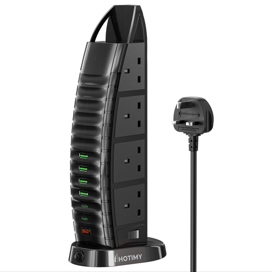 4M Tower Extension Lead With USB Slots, 8 Way Outlets Multi Plug Extension Tower With 6 USB (2 Type C & 4 USB A Ports) Overload Protection Extension Cord With 2 Independent Switches, Tower Power Strip