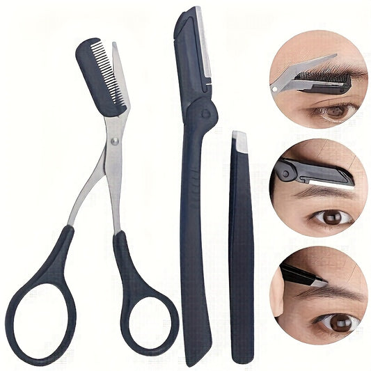 This Is a Versatile Grooming Kit Featuring a Stainless Steel Eyebrow Set That Includes Scissors with a Comb, a Tweezer, And a Razor, Suitable for Both Men And Women. It Is an Unscented Exfoliating Facial Tool And Comes with O