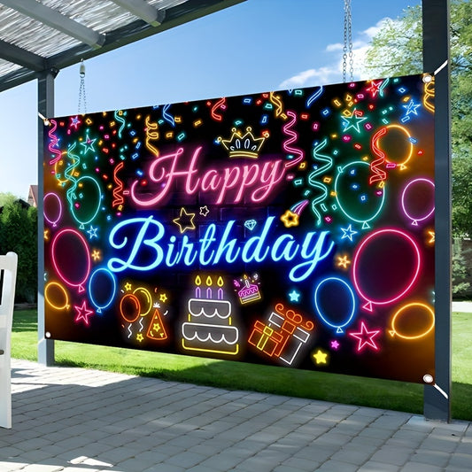 1pc Vibrant Neon Birthday Party Backdrop - Colorful Fluorescent Balloons & Festive Decorations, Polyester Photo Prop for Birthday Celebrations, Photo Booth Fun, and Party Atmosphere Arrangement, Birthday Party Decorations