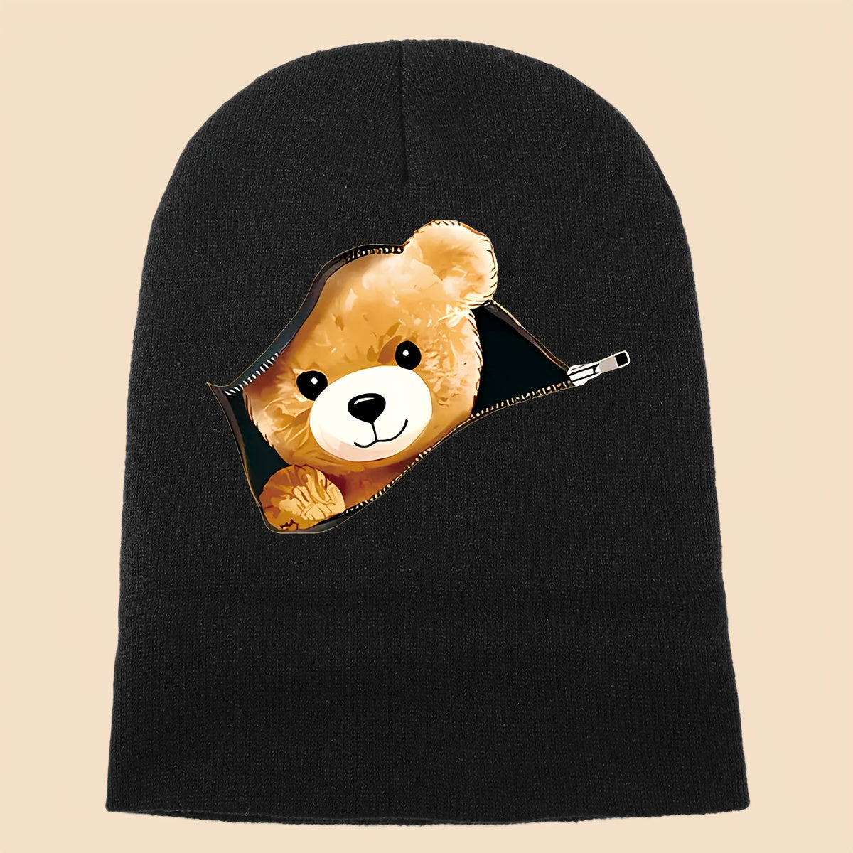 1pc Warm Skull with Zipper Bear Print, Unisex Loose-Fit Beanie for Men and Women - Cozy Fall/Winter Cold Weather Protection, Versatile Casual Hat for Commuting, Travel & Holiday Gifts, Fashionable Headwear, Perfect For Outdoo