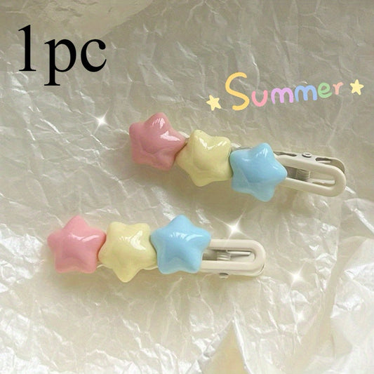 1pc Cute Candy-Colored Star Hairpins - Pastel Pink, Yellow, and Blue Pentagram Clips with Golden Accents, Perfect for Women'S Y2K Style Side Bang Barrettes, Y2K Hair Accessory | Playful Accessory | Plastic Hairpin