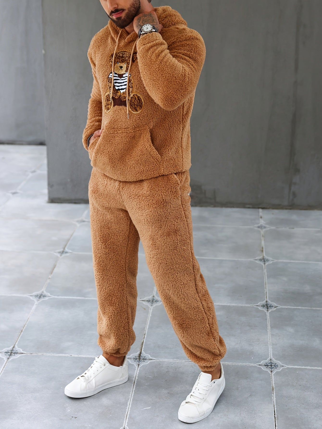 2Pcs Men's Fuzzy Fleece Casual Hoodies Long Sleeve Hooded Sweatshirt And Sweatpants Joggers Set For Winter Fall