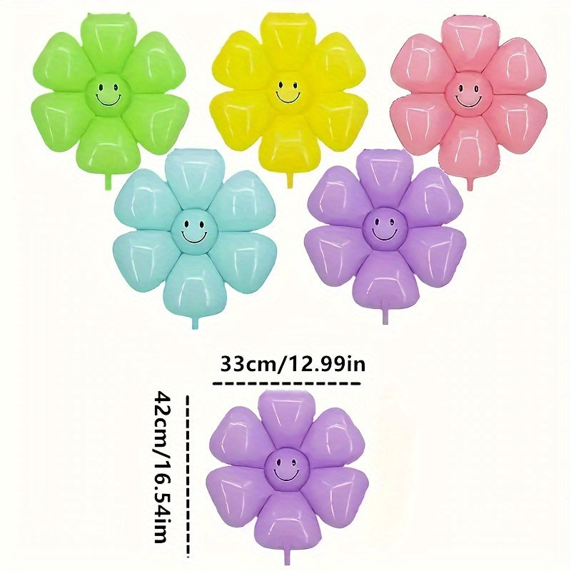 Happy Face Macaron Happy Face Daisy Balloons | 5pcs | Aluminum Film | No Electricity Needed | Home, Garden, Birthday Party, Wedding Decor | Birthday Party, Wedding, Hawaiian Theme