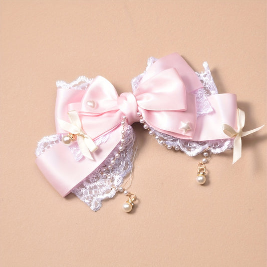 Trendy Polyester Lace Ribbon, Large Bow Hairpin with Pearl Chain - Stylish, Unique, Sweet, Cute, Pink Headband for Everyday Outfits