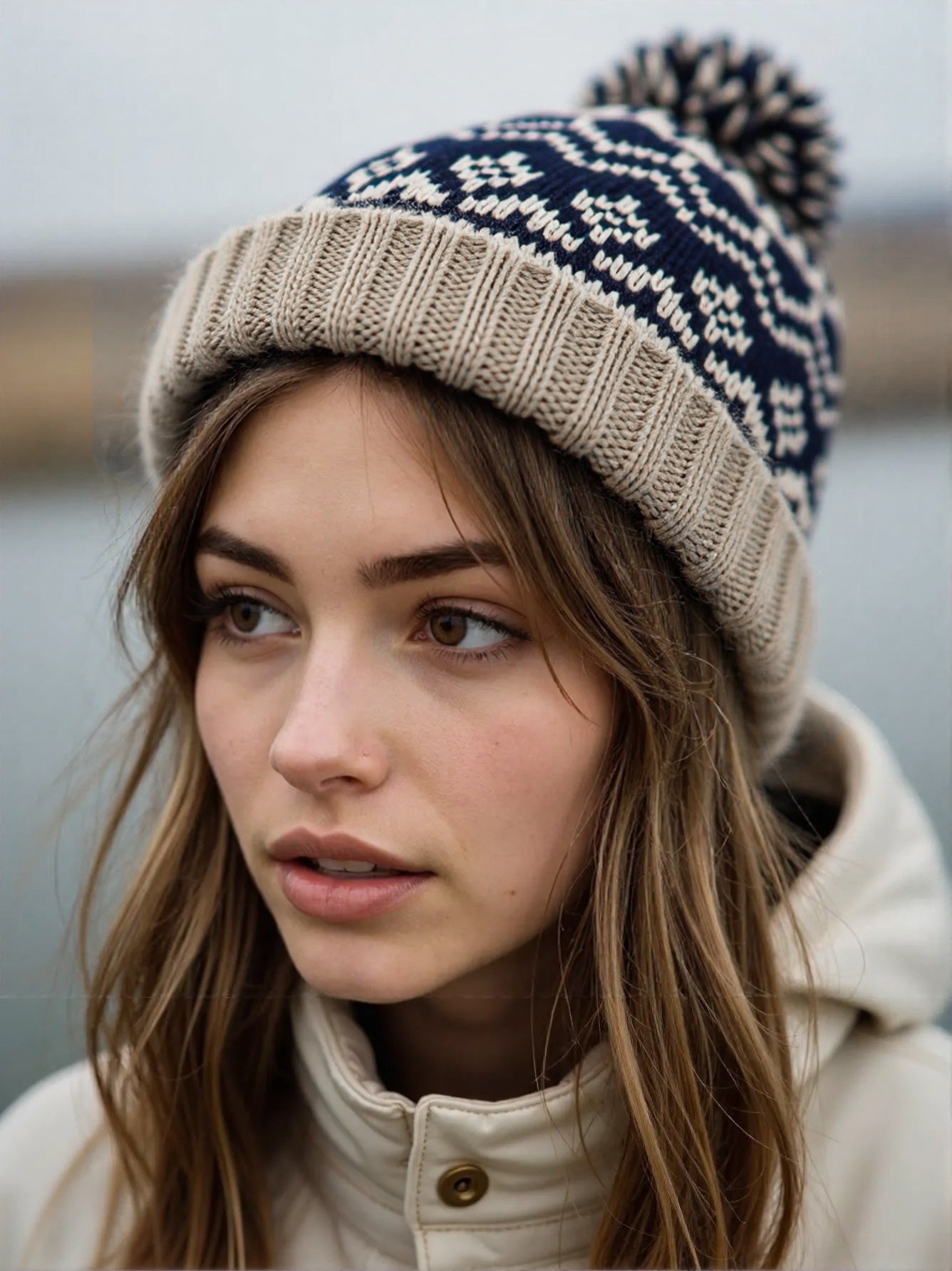 2-Pack Nordic Knit Beanie Hats with Pom-Poms