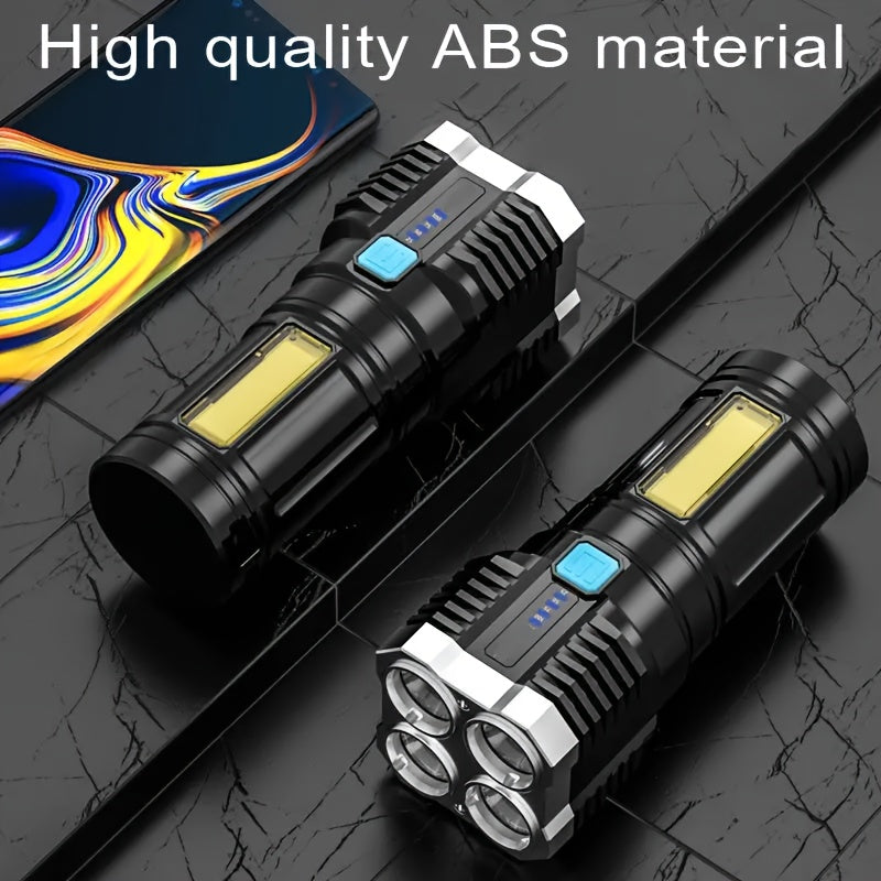 Super Bright 4 LED Tactical Flashlight with COB Side Lamp - USB Rechargeable, Metal Finish, 200 Lumens, 150m Range, ABS Material, No Laser, Rechargeable Battery, Tactical Flashlight|Modern Flashlight|Durable Construction, LED