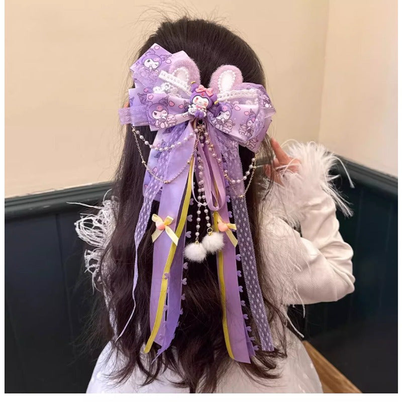 Sanrio Pink Bow Hair Clip with Long Ribbons, My Melody Princess Hair Accessory