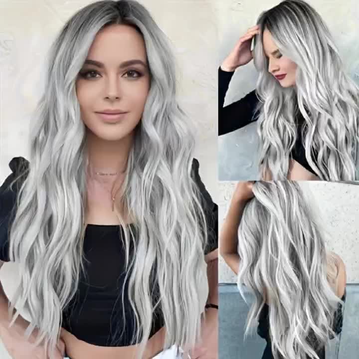 's & 's Black Gray Blonde Ombre Wavy Hair Wig.