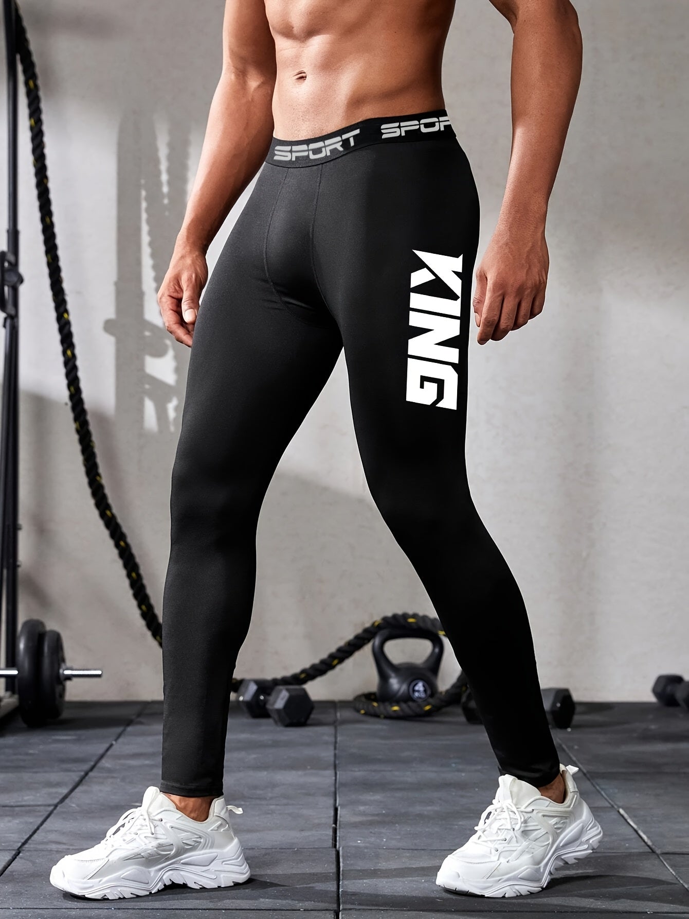 3pcs Men'S Thermal Leggings - Black with KING Print, Plush Lined, High Elasticity, 24H Warmth Retention, Ideal for Winter.