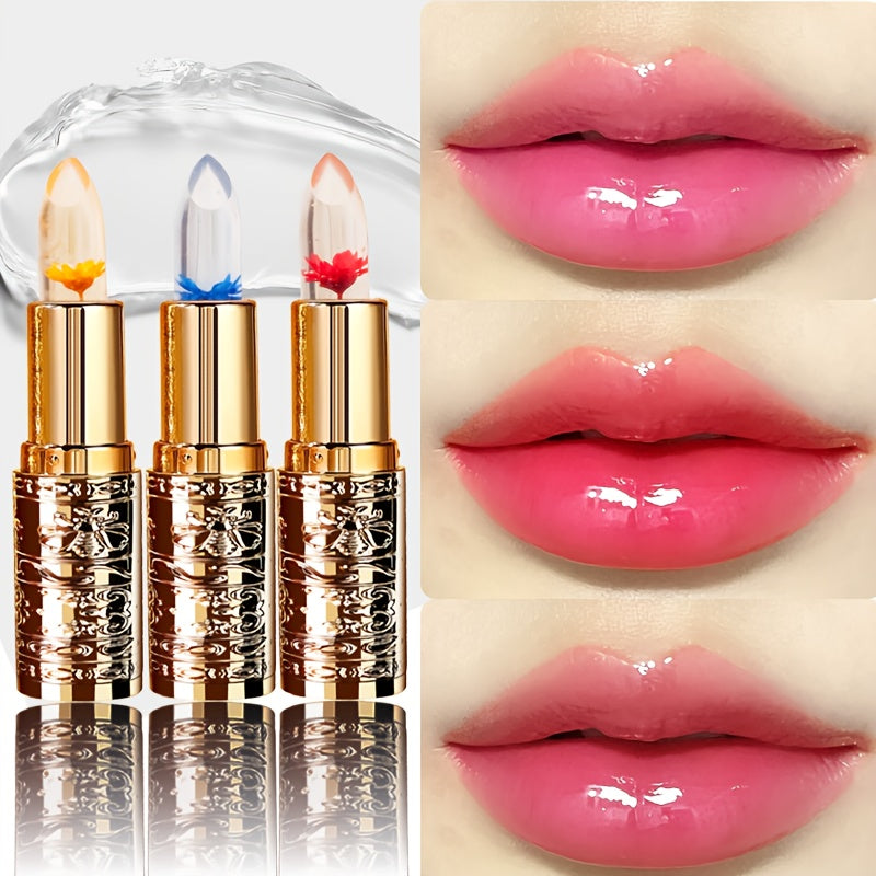 3pcs flower shaped crystal gel lipstick - warm color changing, moisturizing and non mucous membrane, 3 colors, moisturizing and non fading lip gloss