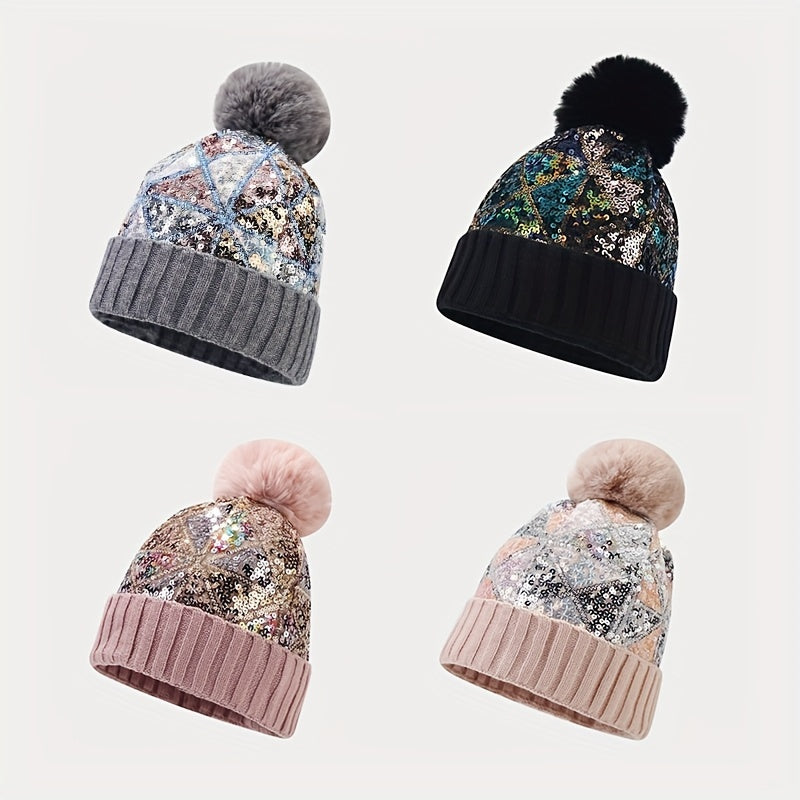 Sparkling Sequin Beanie Hat with Pom-Pom