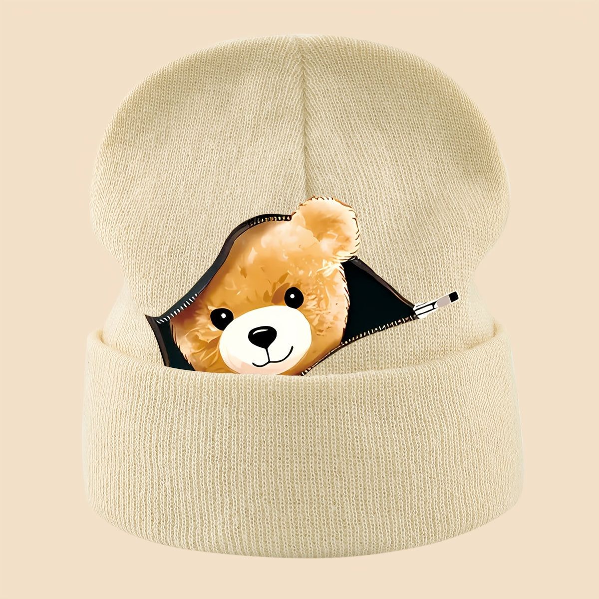 1pc Warm Skull with Zipper Bear Print, Unisex Loose-Fit Beanie for Men and Women - Cozy Fall/Winter Cold Weather Protection, Versatile Casual Hat for Commuting, Travel & Holiday Gifts, Fashionable Headwear, Perfect For Outdoo