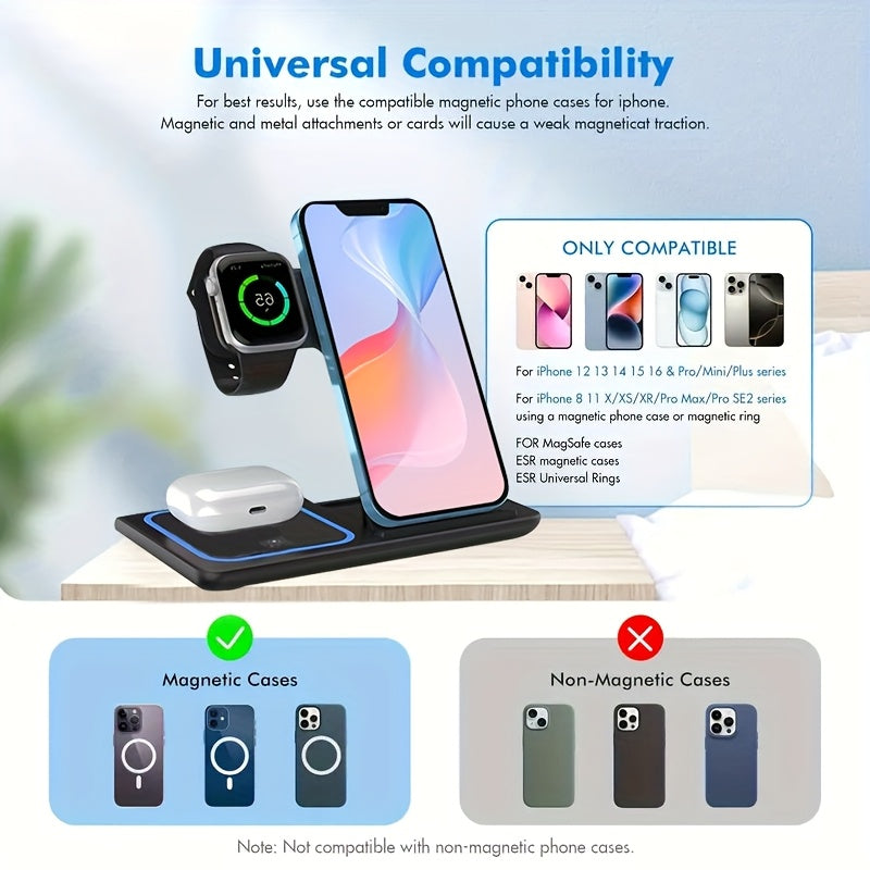 [Wireless Charging] Wireless Portable Magnetic Charging Station | 3-in-1 Charging Station | for iPhone 16 15 14 13 12 11 X Pro Max and Apple Watch and AirPods 4 3 Pro | Wireless Charging | for travel and gifting