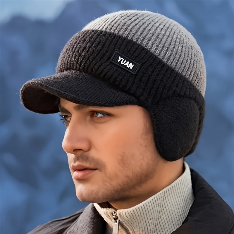 Men'S Winter Fleece-Lined Thick Knit Beanie, Unisex Warm Color-Blocked Hat for Outdoor Activities - Available in 4 Colors, Winter Headwear, Cold Weather Gear, Stylish Headwear, Durable Headgear, Warm Headwear, Cold Climate We
