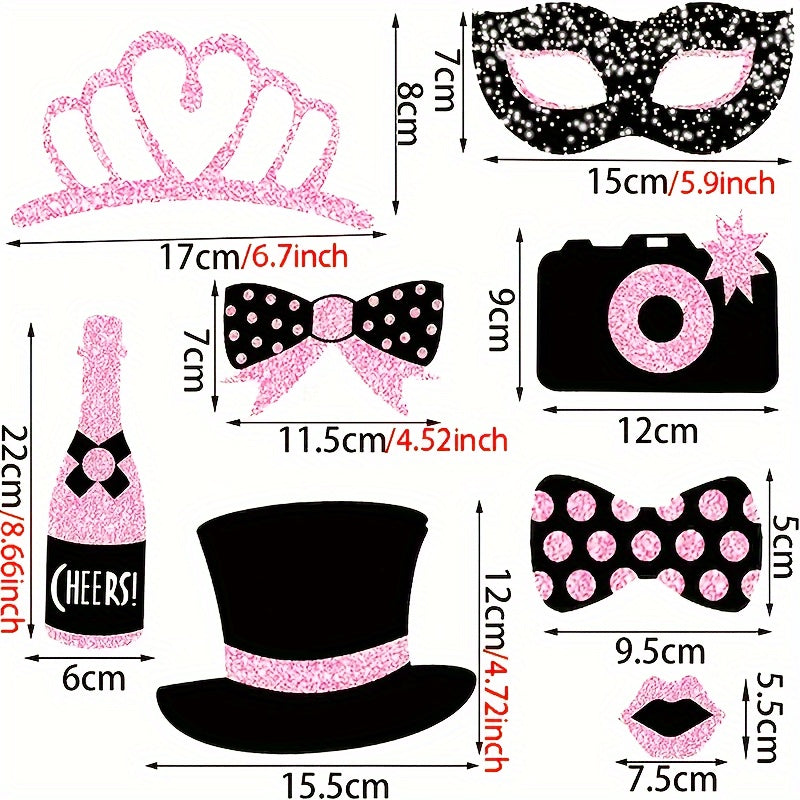 30pcs Glittery Set, Black Party Photo Booth Props, Assorted Accessories, Hats, Lipstick, Ties, Crowns, Paper Props for Celebrations