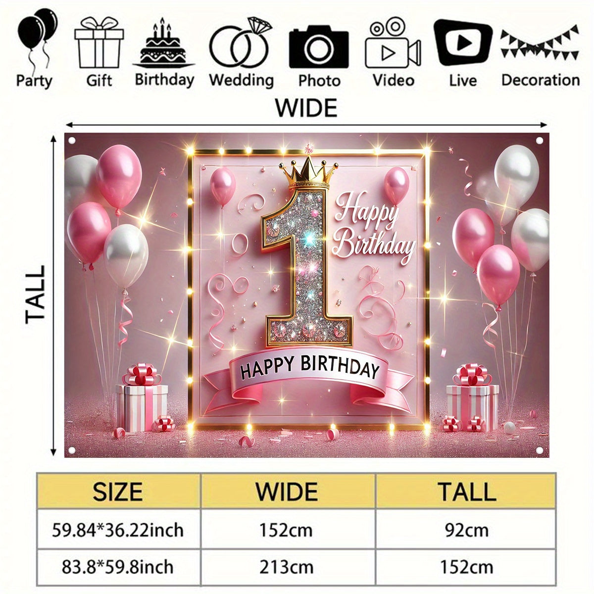 1pc Sparkling Pink Golden First Birthday Banner - Durable Polyester Happy Birthday Party Decor with Glittering Number 1, Crown & Balloons for Indoor/Outdoor Celebrations, Baptism, Cake Table, Holiday Decorations, Birthday Par