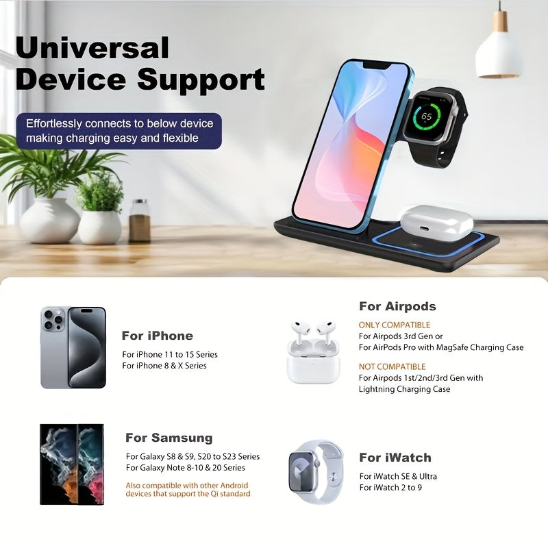 [Wireless Charging] Wireless Portable Magnetic Charging Station | 3-in-1 Charging Station | for iPhone 16 15 14 13 12 11 X Pro Max and Apple Watch and AirPods 4 3 Pro | Wireless Charging | for travel and gifting
