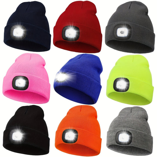 Unisex Beanie Hat with LED Light, 4 LED Button Cell Knitted Hat, Hands-Free Headlamp Cap for Night Walking, Camping And Hunting