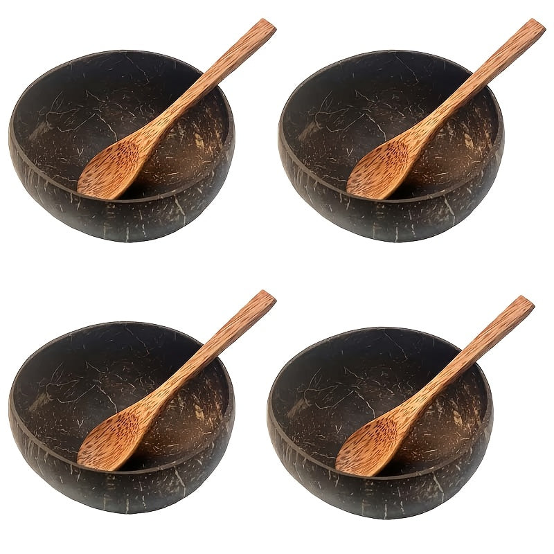 4 Natural Coconut Shell Bowls with 4 Coconut Wood Spoons – High-Quality, Washable Wooden Bowls for Yogurt, Salad, Ice Cream, and More – Deep Brown, Perfect for Cooking & Dining, Kitchen Tableware|Coconut Shell Aesthetic|N