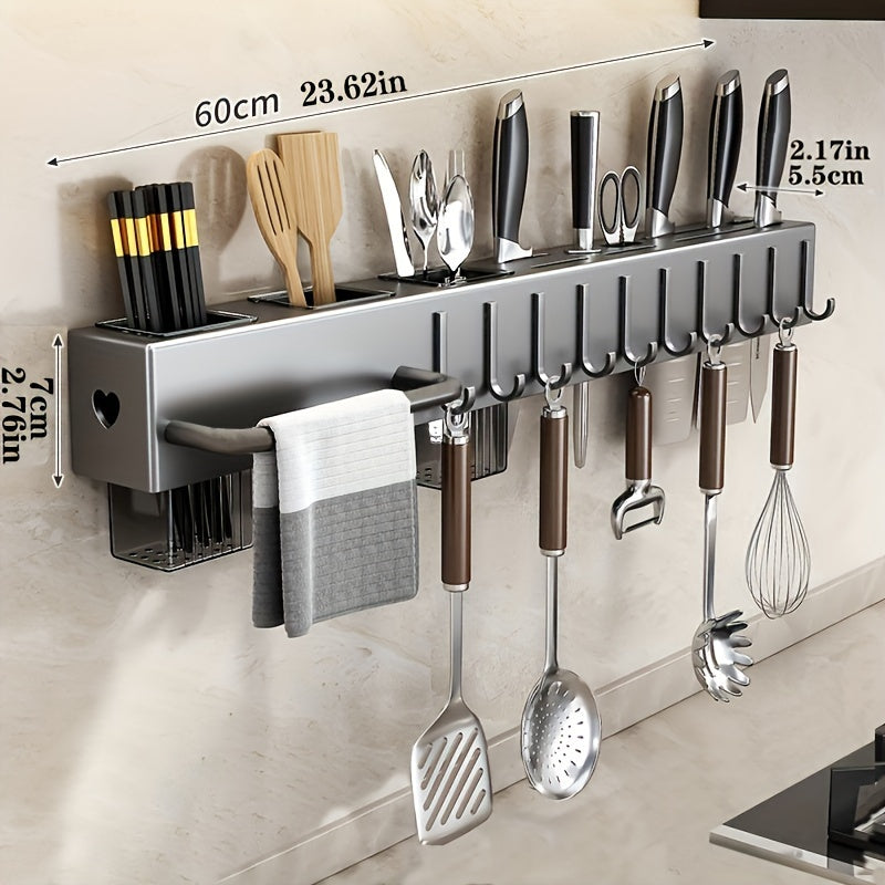 Space-Saving 1pc Multi-functional Metal and Plastic Wall-Mounted Kitchen Utensil Rack, No-Drill Cutlery Storage Shelf, Easy to Install Kitchen Organizer for Kitchen Tools and Accessories