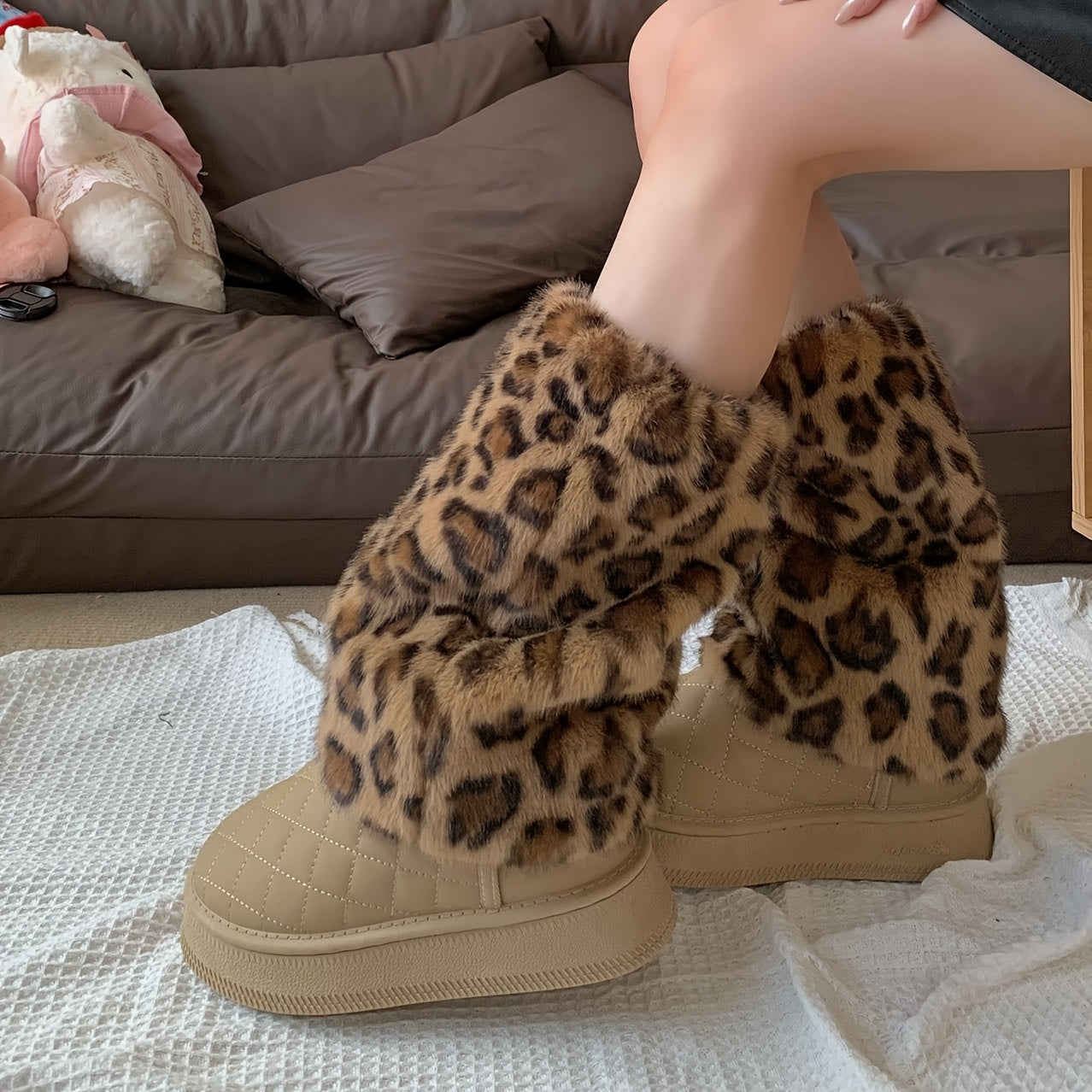 Women'S Plush Fleece-Lined Leopard Print Leg Warmers