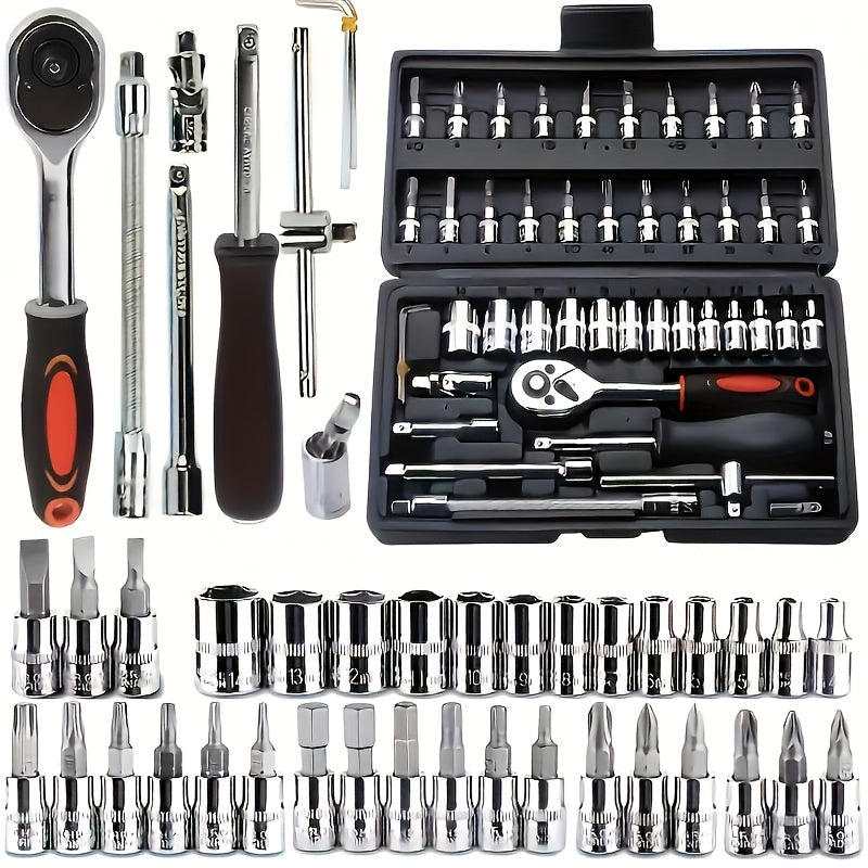 43pcs 1/4" Heavy-Duty Socket Set With Quick-Release Ratchet, Screwdriver Kit, And Extension For Manual Use On Automobiles And Trucks - Includes Durable Iron Construction,