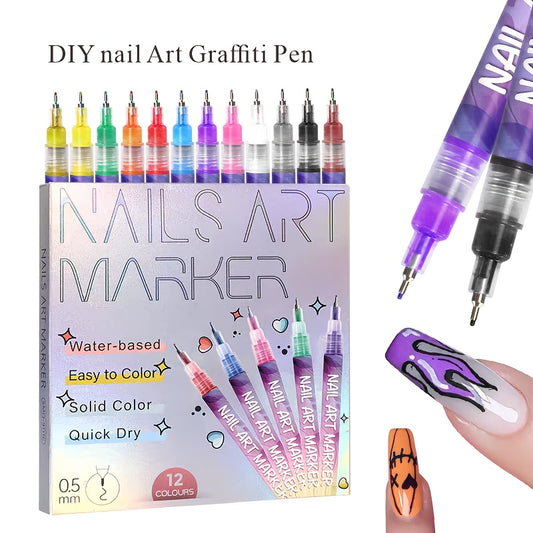 12-Color Nail Art Markers with Ultra-Fine Tip (0.5mm) - Water-Based Quick-Dry Ink.