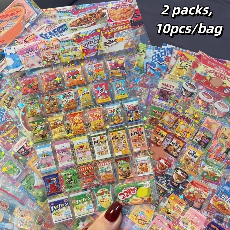 10/20pcs Kawaii Anime Snack Packaging Stickers, Multicolor Glitter Finish, Pre-pasted PET Cartoon Decals for Phones, Plastic Surface Compatible, Irregular Shape, Single Use Embellishments for Diary & Stationery