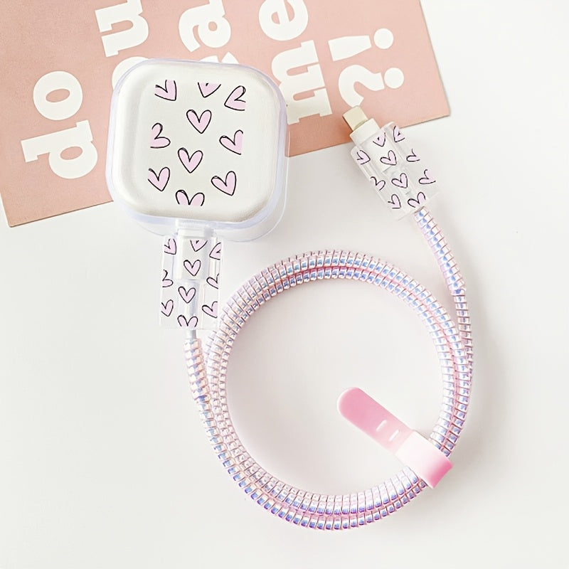 5pcs Set TPU Charger and Cable Protector, Heart Pattern, Compatible with UK Apple 20W Adapter, Anti-Bite Data Cord Protector for iPhone 15 Plus