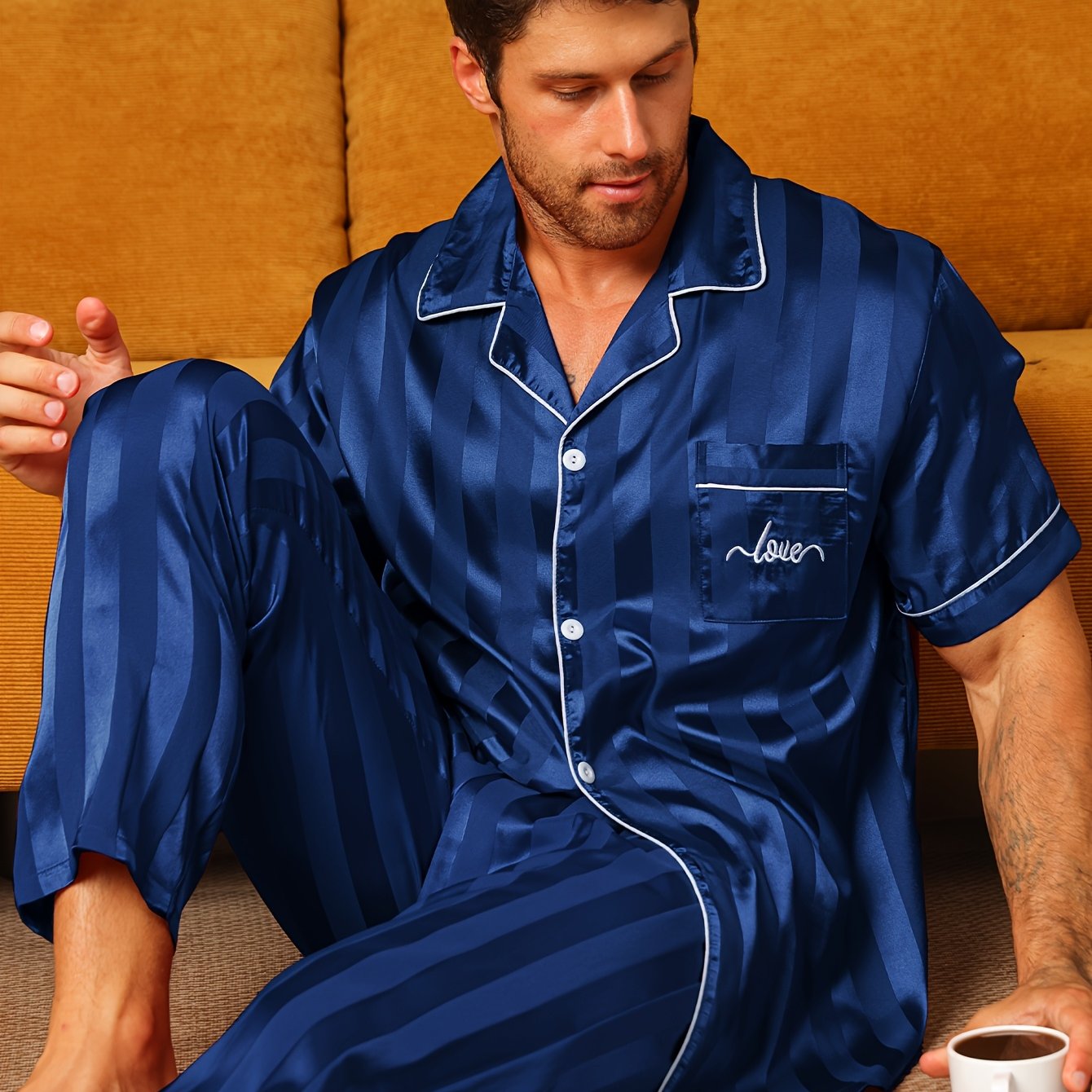 2pcs Men'S Pajama Set Short Sleeve Long Pants Thin Stripes with Embroidered Letters Summer Collar Cardigan Home wear Set