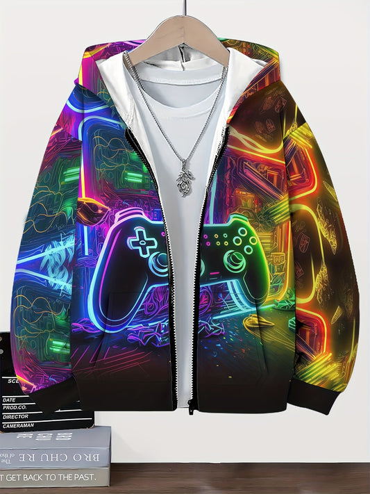 [Autumn Hooded Sweatshirt] Cool Fashion Boys Autumn and Winter Hooded Cardigan Zipper Sweatshirt | Long Sleeve Hooded Sportswear with Red Light Game Controller
