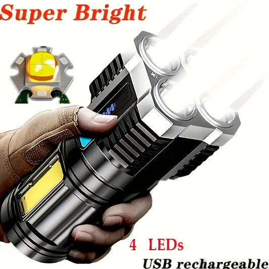 Super Bright 4 LED Tactical Flashlight with COB Side Lamp - USB Rechargeable, Metal Finish, 200 Lumens, 150m Range, ABS Material, No Laser, Rechargeable Battery, Tactical Flashlight|Modern Flashlight|Durable Construction, LED