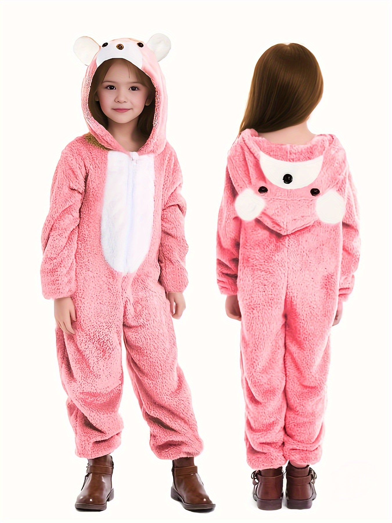 Pink Polar Bear Hooded Romper for Girls | Casual Knit Polyester, Long Sleeve, Loose Fit, Fall/Winter Sleepwear | Playful Design, Winter Sleepwear, Polar Bear Accessories