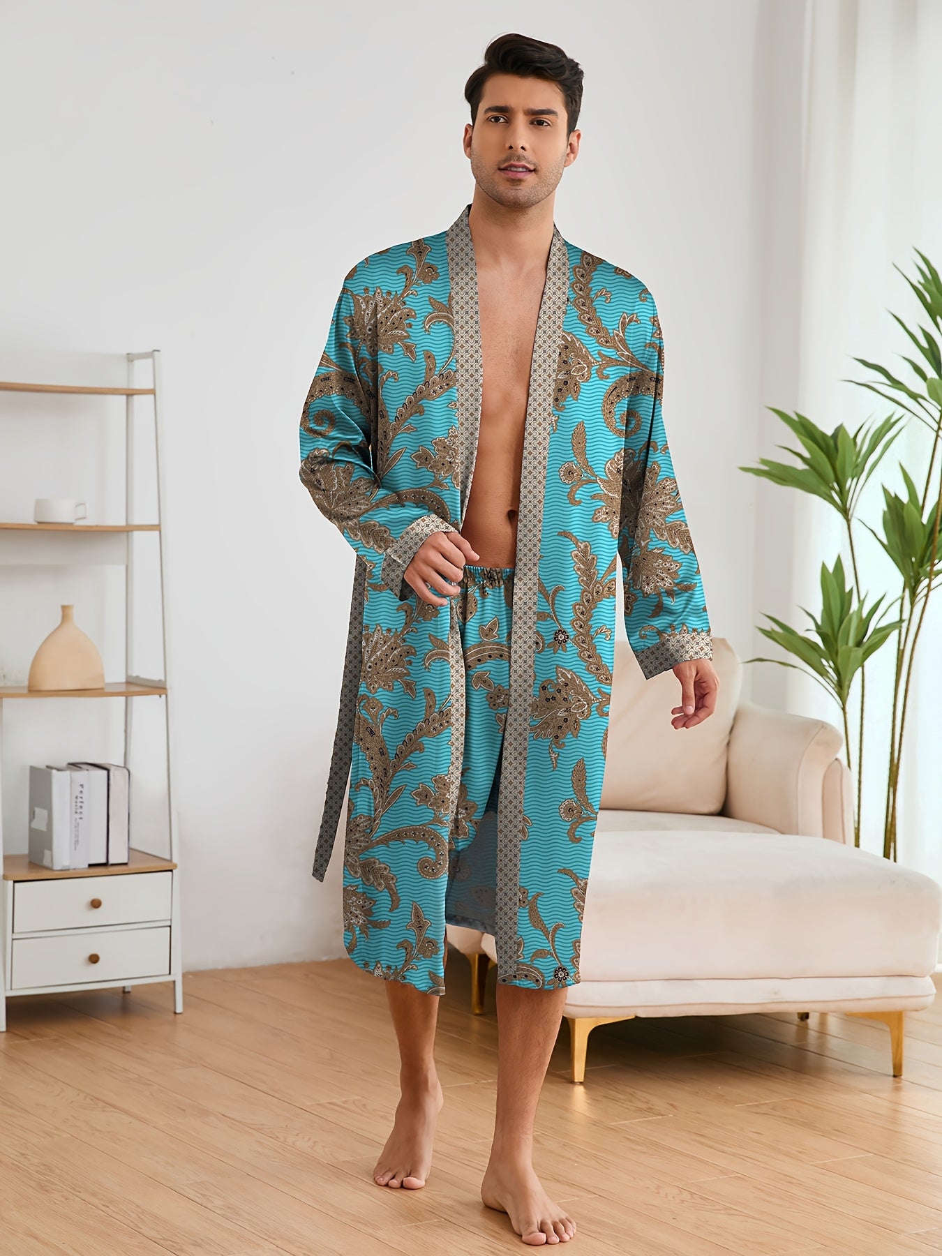 Men's Sleep Robe, Elegant And Light Luxury Pajamas Set, Stylish Gorgeous Floral Print, V-neck Long Sleeve .
