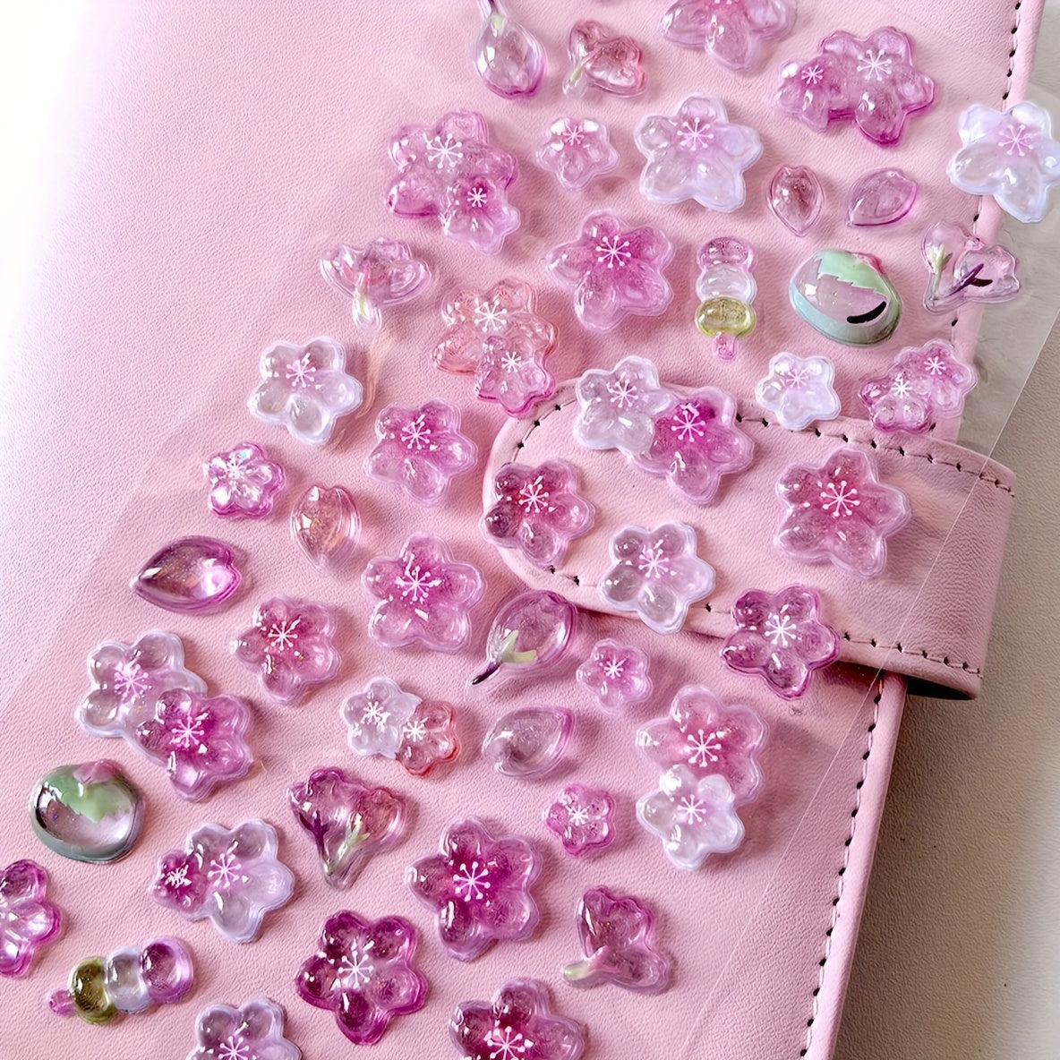 3D Pink Cherry Blossom Embossed Stickers - Waterproof Crystal Floral Decals for Phone Cases, Laptops, Journals, and DIY Crafts, Journal Embellishments | Artistic Stickers | Plastic Construction, Cherry Blossom Wall Stickers