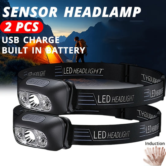 2pcs MACROCOSM USB Motion Sensor Rechargeable Headlamps - Ultra-Lightweight, Portable LED Flashlights for Hiking, Camping, Fishing, Running, Hunting, Camping Gear | Adjustable Headlamp | Durable Headlamp