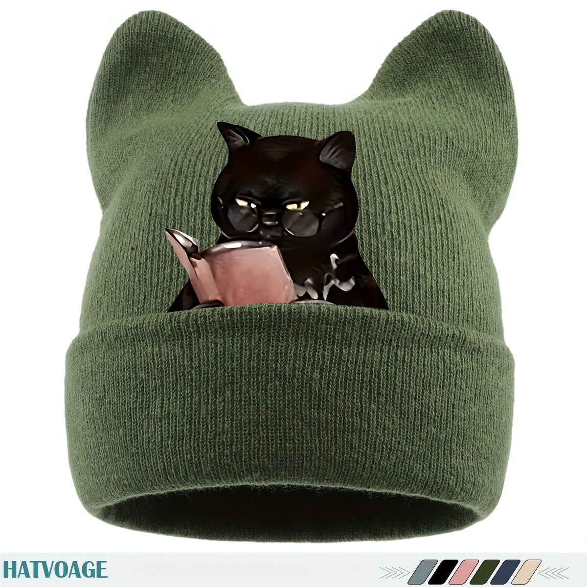 1pc Cute Black & White Cat Ear Beanie Hat with Book-Loving Siamese Cat Face