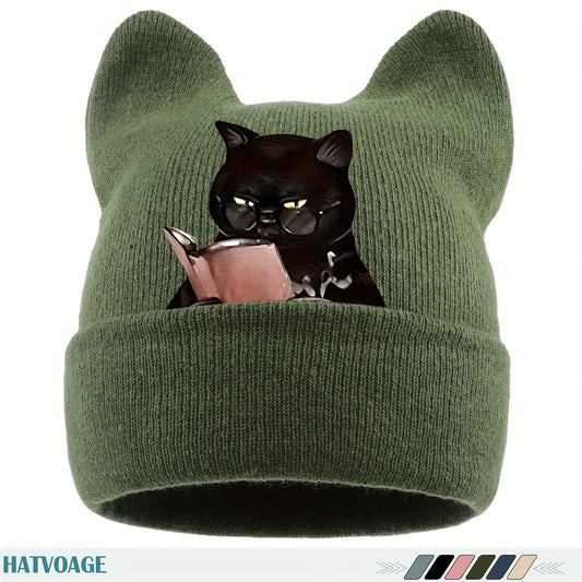 1pc Cute Black & White Cat Ear Beanie Hat with Book-Loving Siamese Cat Face