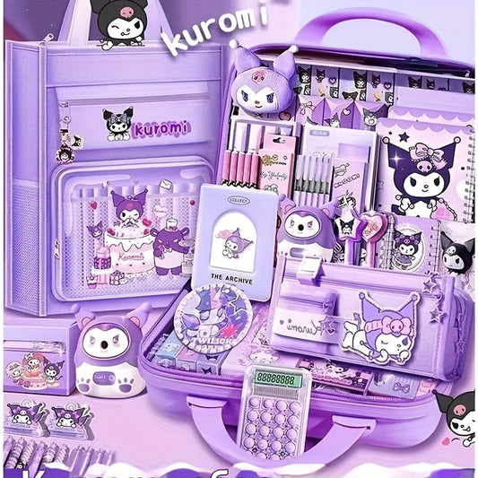 [Kuroko's Complete Supplies] 27pcs Kuromi Stationery Set | Cute Purple Plush-like Gift with Diary, Stickers & Lunchbox-Style Case.