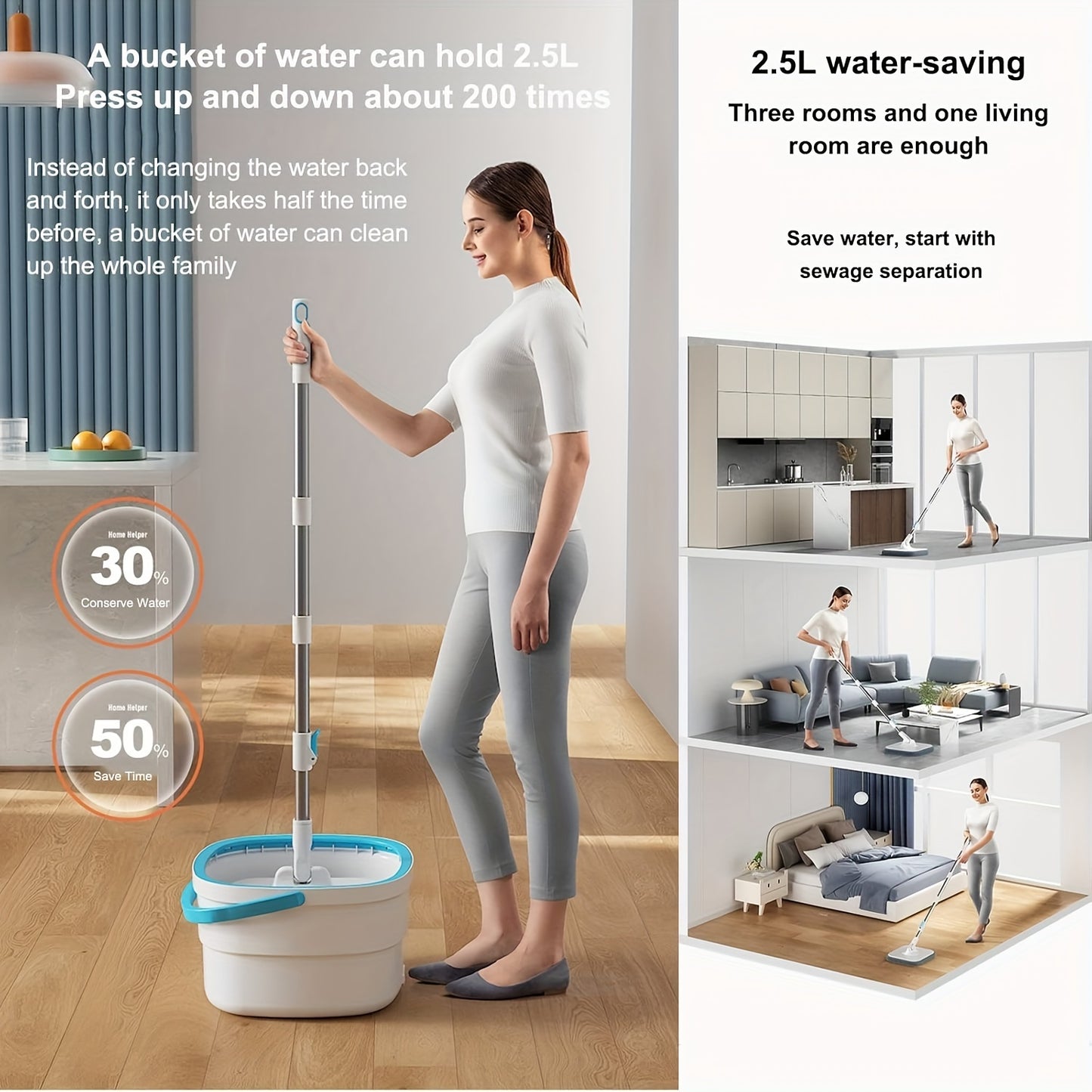 Microfiber Twist Mop and Bucket Set with 360-Degree Swivel Head, Square Spin Mop for Hardwood, Laminate Floors, and Pet Owners, Multiple Surfaces Wet & Dry Mop Kit, Living Room Kitchen Wall Floor Cleaning Tools
