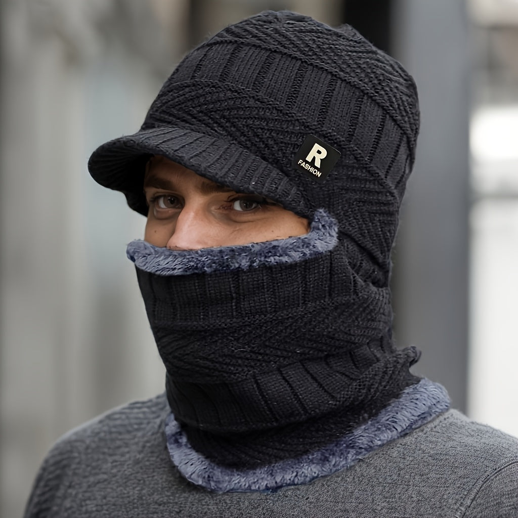 Men's Winter Beanie Hat with Integrated Neck Warmer and Fleece Lining