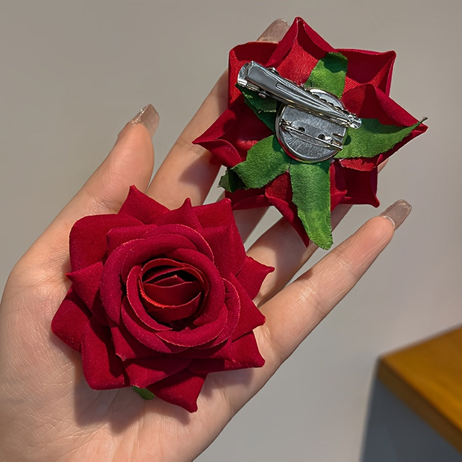 Vintage Casual 3pcs Red Rose Fabric Hair Clips - Side Bangs Duckbill Clip Accessories for Women