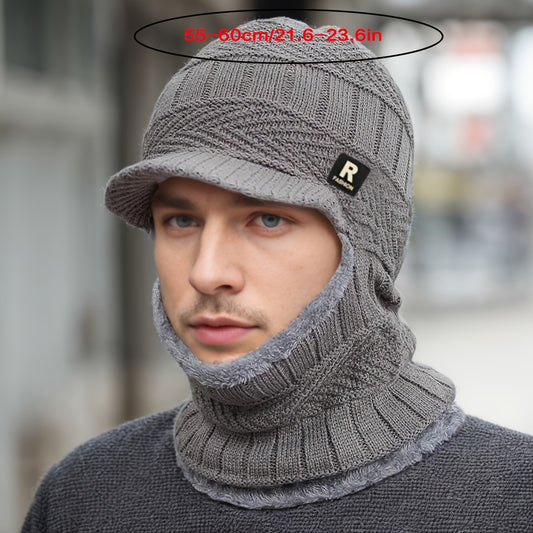 Men's Winter Beanie Hat with Integrated Neck Warmer and Fleece Lining
