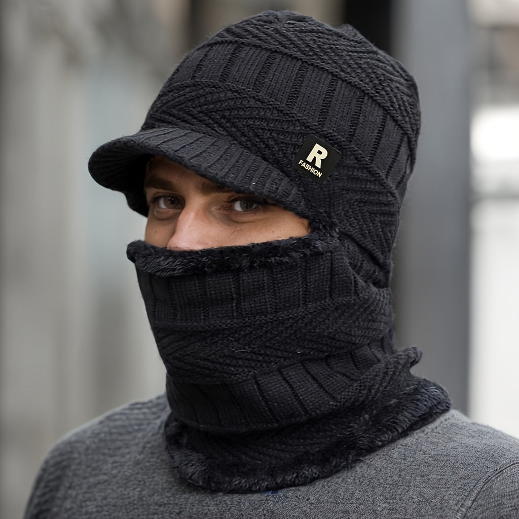 Men's Winter Beanie Hat with Integrated Neck Warmer and Fleece Lining