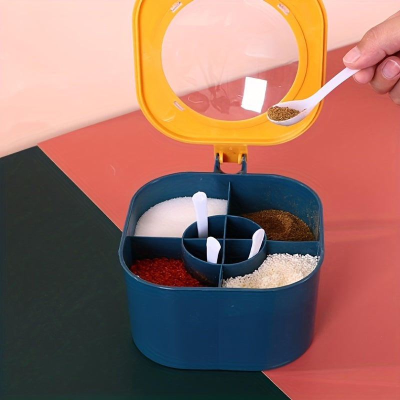 Large Capacity Spice Box with Lid and Spoon - Durable ABS Material, Four-Compartment Integrated Multi-Functional Kitchen Seasoning Container.