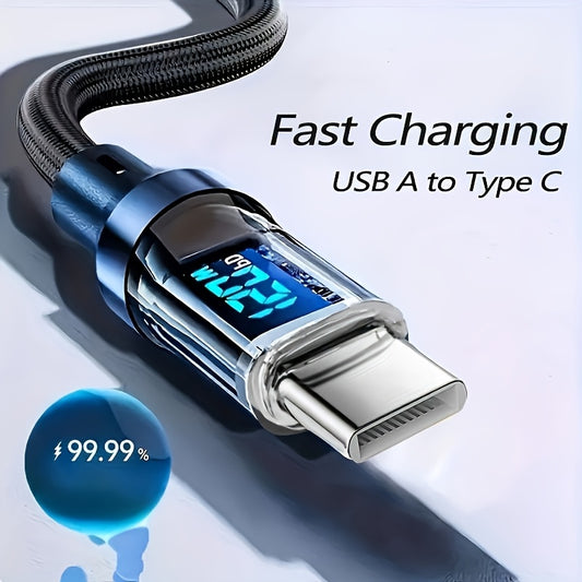 USB A to Type C Fast Charging Cable, Transparent Flat Design, Smart Digital Display, Compatible with Huawei, Vivo, Apple, Samsung, 15W PD Power Adapter, 50-80W Output, ≤36V Operating Voltage, No Battery Required