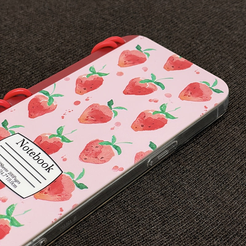 TPU Material New Book Flip Style Pink Background Strawberry Print Mobile Phone Case Suitable for Apple Series 11, 12, 13, 14, 15, 16pro mox Samsung Series 23, 24UItra