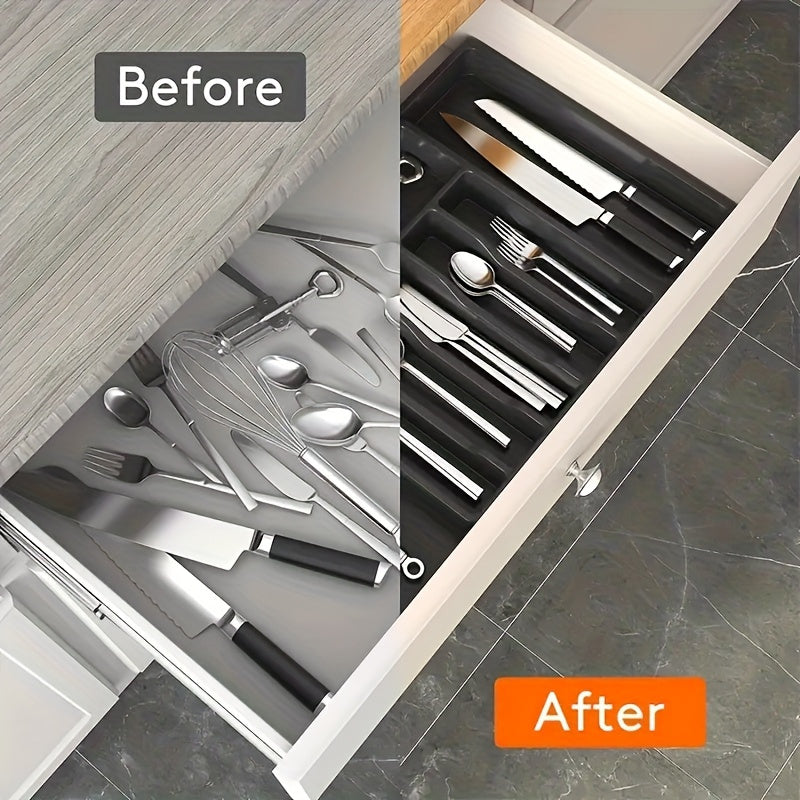 1pc Expandable Kitchen Drawer Organizer for Silverware, Adjustable Plastic Utensil Holder for Spoons, Forks, Knives - Large Capacity Storage Box, Kitchen Drawer Organizer|Sleek Black Finish|Durable Plastic Construction, Utens