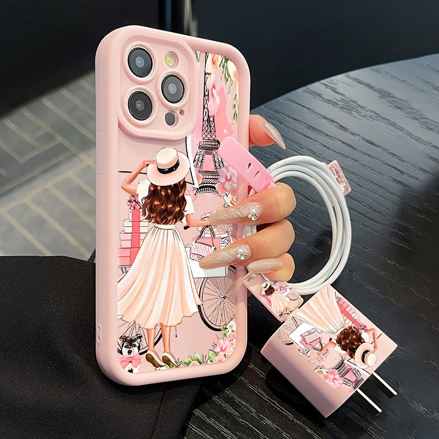 5pcs Set: 1 High Bamboo Pink Girl Anti-Drop Phone Case + 1 Charger Protective Cover + 2 Data Cable Protectors + 1 Data Cable Strap, Suitable for iPhone 16/16pro/16promax/16plus/11/11pro/11promax/12/12pro/12promax/13/13pro/13p
